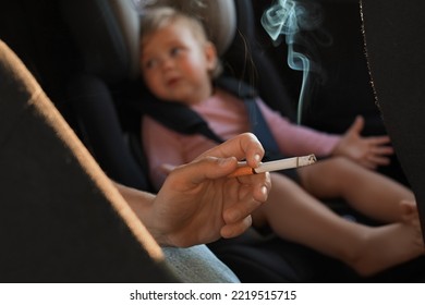 Mother With Cigarette And Child In Car, Closeup. Don't Smoke Near Kids