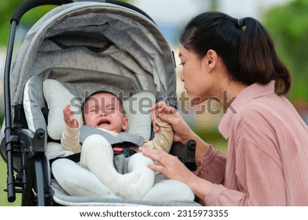 mother consoling her infant baby crying in the stroller