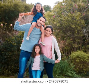 Mother, dad and child on piggyback ride from happy family in nature park for fun, summer bonding and outdoor activity. Father, mom and daughter smile together while playing in backyard portrait - Powered by Shutterstock