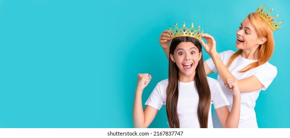 Mother And Daughter Child Banner, Copy Space, Isolated Background. Beauty Pageant Winner. Beauty Queen And Happy Winner. Woman Crown Girl Child. Euphoria Of Victory.