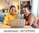 Mother and daughter doing homework with laptop at home. Mom and teenage girl happy using laptop. Teen girl and mum sitting at home working with notebook