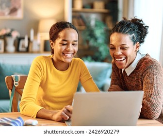 Mother and daughter doing homework with laptop at home. Mom and teenage girl happy using laptop. Teen girl and mum sitting at home working with notebook - Powered by Shutterstock