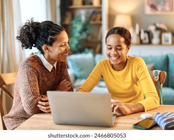 Mother and daughter doing homework with laptop at home. Mom and teenage girl happy using laptop. Teen girl and mum sitting at home working with notebook - Powered by Shutterstock