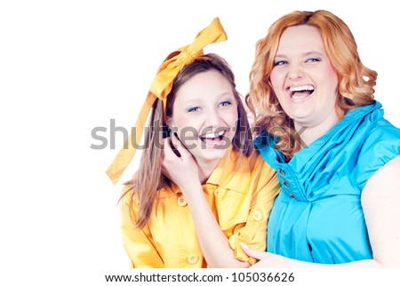 Mother & daughter in fun mood. Head shot portrait of a beautiful two woman happy smiling isolated on the white background