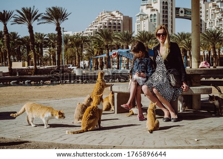 Mother and daughter hanging out with wild homeless cats on border of Eilat Israel and Aqaba Jordan.