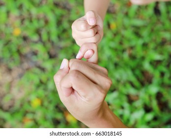 Mother and daughter making a pinkie promise in the green grass garden.