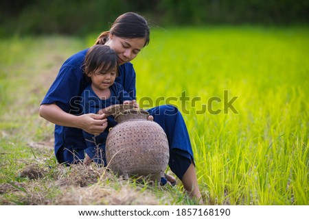 Mother and daughter playing around and teasing in the rice field,Young Thai farmer lifestyle activity in organic farm,Family concept.
