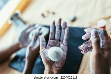 Mother And Daughter Spend Time Together And Sculpting From Clay At Home