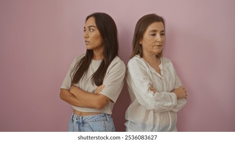 Mother and daughter standing back to back with arms crossed against a pink background, showcasing family tension and strong emotions between two women - Powered by Shutterstock