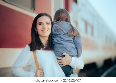 
Mother And Daughter Waiting To Get On The Train Together. Mom And Child Boarding A Train Using Public Transportation For Family Trip
