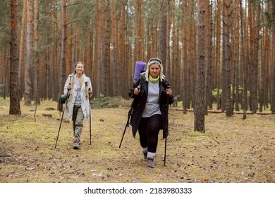 Mother And Daughter Are Walking In The Forest , The Older Woman Is Ahead , The Younger Is Behind, Daughter Is Smiling. Women Do Sports And Talk. They Have Equipment: Mat,trecking Poles And Backpack.