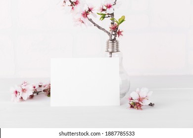 Mother Day Card Mockup With Blooming Almond Tree Branch, Design Element For Wedding Rsvp, Thank You Card, Greeting Or Invitation Card. Valentines Day Card For Your Text. Spring Background