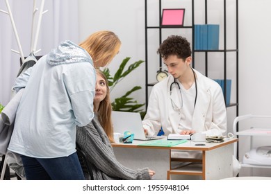 A Mother Explains To Her Daughter How She Should Handle What The Doctor Has Told Her About Health. Doctor's Office