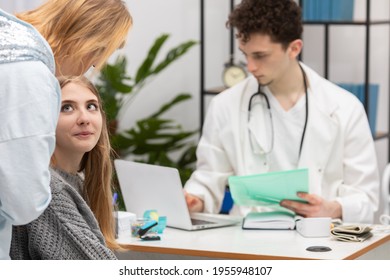 A Mother Explains To Her Daughter How She Should Handle What The Doctor Has Told Her About Health. Doctor's Office