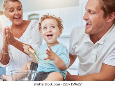 Mother, Father And Baby Baking As A Happy Family In A Kitchen Enjoys Quality Time And The Weekend Together. Development, Learning And Mom Cheering For Her Young Child With Dad And Ready To Bake Cake