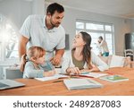 Mother, father and child for homework help in home or school education, learning notebook or support. Student, parents and paper for development reading or writing project, helping for info study