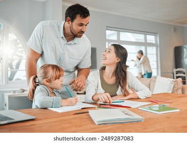 Mother, father and child for homework help in home or school education, learning notebook or support. Student, parents and paper for development reading or writing project, helping for info study - Powered by Shutterstock