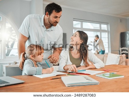 Mother, father and child for homework help in home or school education, learning notebook or support. Student, parents and paper for development reading or writing project, helping for info study