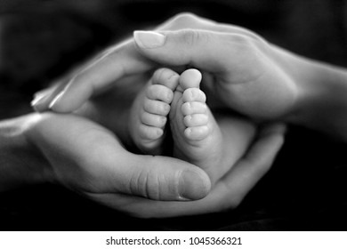 Mother and father cradling baby's feet