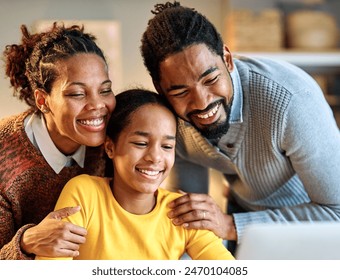 Mother, father and daughter doing homework with laptop at home. Mom, dad and teenage black girl happy using laptop. Teen girl and parents sitting at home working with notebook - Powered by Shutterstock