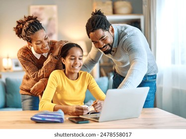 Mother, father and daughter doing homework with laptop at home. Mom, dad and teenage black girl happy using laptop. Teen girl and parents sitting at home working with notebook - Powered by Shutterstock