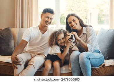 Mother, father and girl with dog for portrait on sofa for love, bonding and affection with safety or animal. Mom, dad and kid with family pet in home with care, together and relax with happiness.