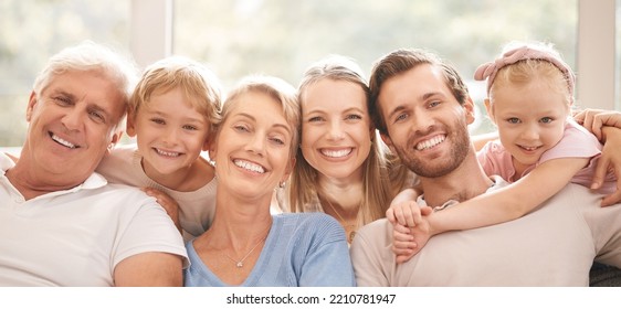 Mother, Father And Grandparents With Children In A Big Family Indoor Portrait Together Enjoying Quality Time In Australia. Mama, Dad And Siblings Love Being With An Old Man And Senior Woman At Home