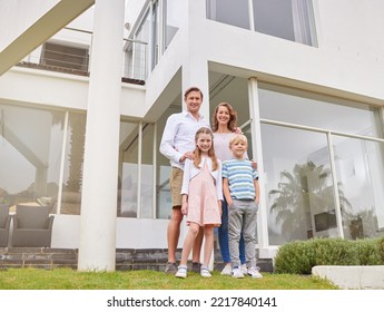 Mother, Father And Kids In Real Estate Home For Happy Family Portrait And Wealthy Lifestyle In The Outdoors. Mama, Dad And Children Together For Insurance, Mortgage And New House In Accommodation