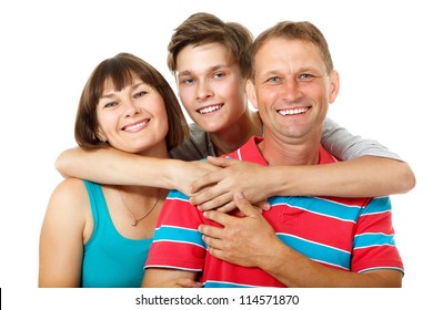 Mother, Father With Son Teenager. Happy Caucasian Family Having Fun And Smiling Over White Background.