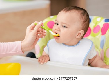 A mother is feeding her baby boy at the kitchen table, with him seated in a high chair. The mood is nurturing and loving, with a homely kitchen setting. - Powered by Shutterstock