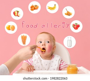 Mother Feeding Her Little Baby Against Color Background. Concept Of Food Allergy