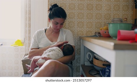 Mother gently cradling and feeding her newborn baby in a cozy kitchen setting, displaying tender moments of early motherhood, parental bonding, and infant care in a warm, homey environment - Powered by Shutterstock