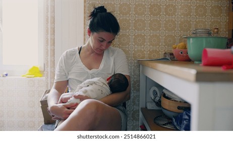 Mother gently cradling and feeding her newborn baby in a cozy kitchen setting, displaying tender moments of early motherhood, parental bonding, and infant care in a warm, homey environment - Powered by Shutterstock