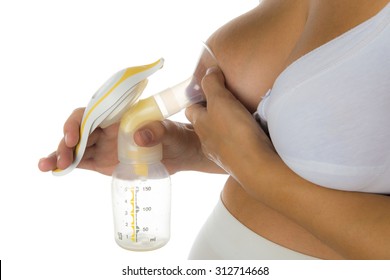 Mother getting milk with a manual breast pump isolated on a white background