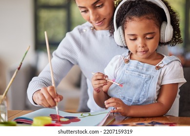 Mother, Girl And Bonding In Painting Activity With Music Headphones, Radio Or Audio For Autism Help. Brazilian Woman, Art Parent And Creative Child Listening To Relax Autism Podcast In House Or Home