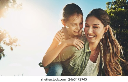 Mother, girl and nature for piggy back with smile, bonding on vacation in Australia. Female person, child and happiness for learning or development in outdoor, cheerful in countryside with sunshine - Powered by Shutterstock