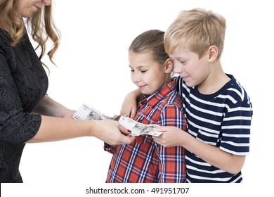 Mother Gives To Happy Children Pocket Money, Isolated White Background