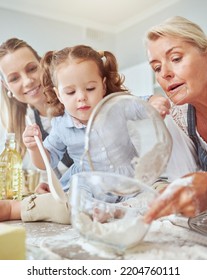 Mother, Grandma And Girl Baking In Family Home, To Make Snack, Biscuit Or Pie While Have Fun. Happy Mom With Proud Grandmother In Kitchen Together Teaching Girl To Bake Cake Or Cookies For Family