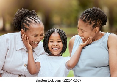 Mother, Grandmother And Child In Garden, Happy Family Sitting On Grass, Generations At Picnic In Park. Black Family, Women And Small Girl In Nature Together With Love And Support From Mom And Grandma