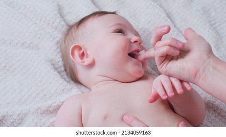 Mother Hands Brushing Teeth With A Finger Brush Of A Happy Infant Baby. Mom Doing Oral Hygiene To A Smiling Toddler Kid, Eight Months Old