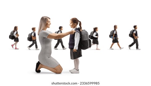 Mother helping daughter getting ready for school and other children walking in the back isolated on white background - Powered by Shutterstock