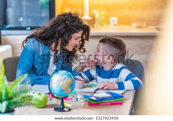 Mother Helping Son Homework Home Beautiful Stock Photo Edit Now