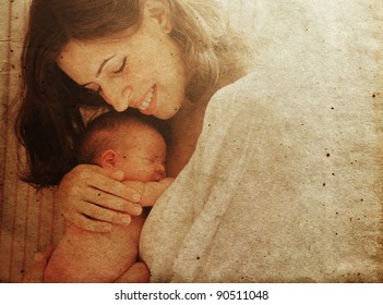 Mother With Her Baby. Photo In Old Image Style.