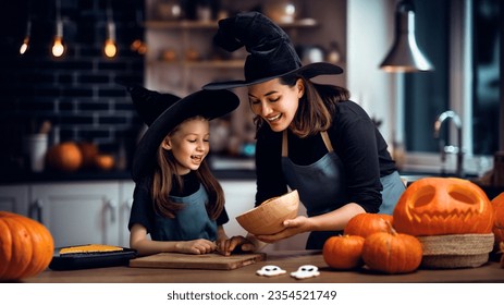 Mother and her daughter having fun at home. Happy Family preparing for Halloween. Mum and child cooking festive fare in the kitchen. - Powered by Shutterstock