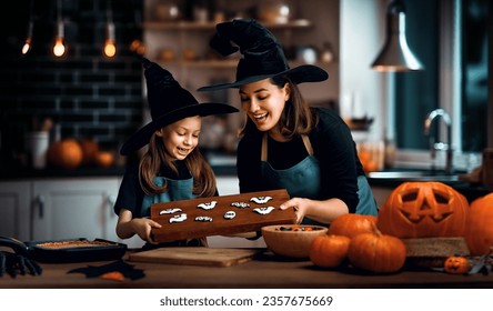 Mother and her daughter having fun at home. Happy Family preparing for Halloween. Mum and child cooking festive fare in the kitchen. - Powered by Shutterstock