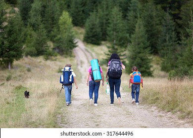 Mother and her three children and dog hiking in forest in an autumn day. They are walking on a way and wearing backpacks. Back view