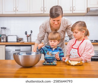 A mother and her two children are preparing food together in a cozy kitchen setting. Fun and engagement fill the atmosphere as the family bonds through the creative activity of baking.