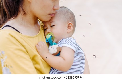 Mother holding baby boy child sleeping and Mosquito sucking blood on child skin.Dengue virus, Yellow fever, West nile, Malaria, Diseases Spread by Mosquitoes concept.Mom protection baby from mosquito.