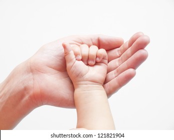 Mother Holding Baby Hand, White Background