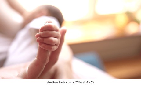 mother holding baby newborn hand. friendly family kid dream concept. mothers day concept. baby newborn in mother arms close-up hand lifestyle - Powered by Shutterstock